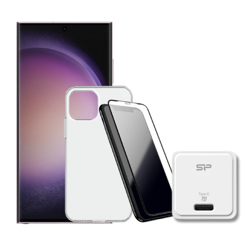 חבילת SAMSUNG GALAXY S24 ULTRA 256GB + מגן מסך סיליקון PUREGEAR + מגן אחורי קשיח + מטען מקורי