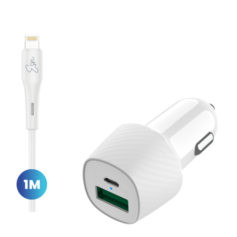 מטען רכב מהיר Essentials Dual 38W Car Charger + Lightning Cable – White