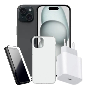 חבילת IPHONE 15 128GB  + מגן מסך סיליקון + מגן אחורי PUREGEAR + מטען מהיר