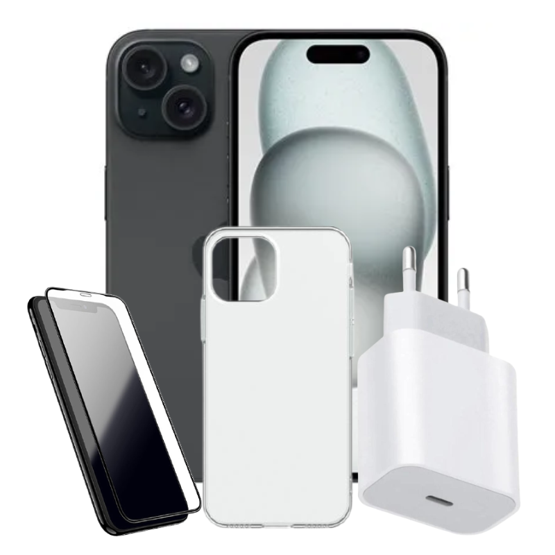 חבילת IPHONE 15 128GB  + מגן מסך סיליקון + מגן אחורי PUREGEAR + מטען מהיר