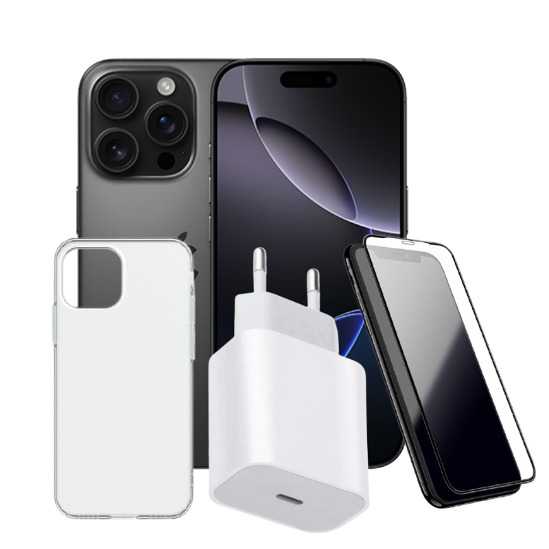 חבילת IPHONE 16 PRO MAX 256GB  + מגן מסך סיליקון + מגן אחורי PUREGEAR + מטען מהיר