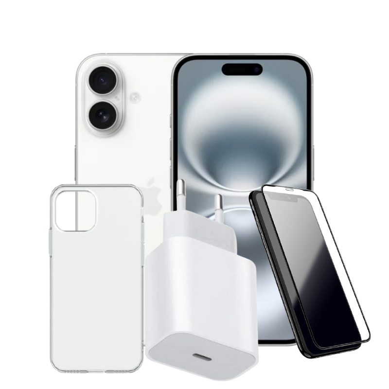 חבילת IPHONE 16 128GB  + מגן מסך סיליקון + מגן אחורי PUREGEAR + מטען מהיר