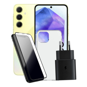 חבילת SAMSUNG A55 256GB 5G 8GB RAM יבואן רשמי סאני + מגן מסך סיליקון + מגן אחורי PUREGEAR + מטען מהיר
