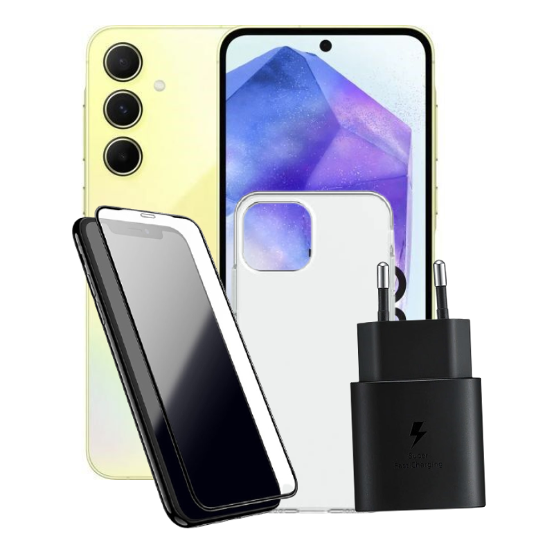 חבילת SAMSUNG A55 256GB 5G 8GB RAM יבואן רשמי סאני + מגן מסך סיליקון + מגן אחורי PUREGEAR + מטען מהיר