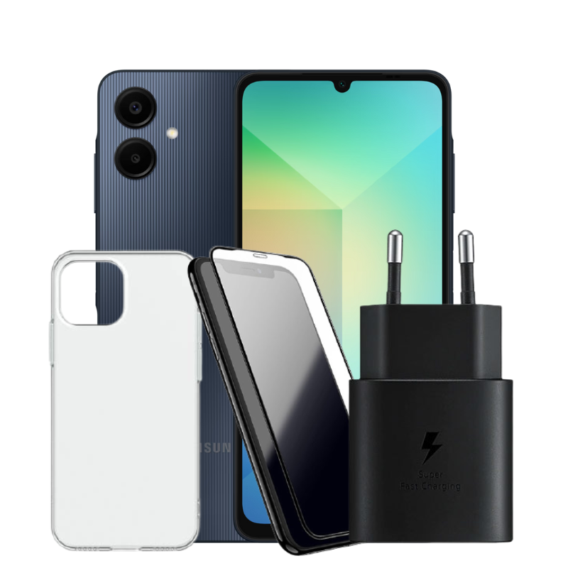 חבילת SAMSUNG GALAXY A06 64GB יבואן + מגן מסך PG + מגן אחורי PUREGEAR HARDSHELL + מטען מהיר