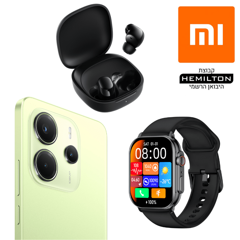 חבילת Xiaomi Redmi Note 14 4G 256GB 8GB RaM NFC + אוזניות אלחוטיות Xiaomi Play 6 + שעון חכם IMIKI SF1 יבואן רשמי