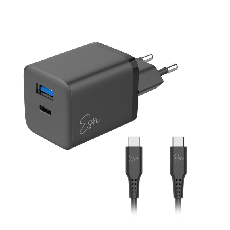 מטען קיר 43W שחור מבית Essentials עם 2 יציאות וכבל USB-C ל-USB-C