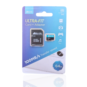 כרטיס זיכרון MicroSD Nordic 64GB עם מתאם SD – מהירות העברה 100MB/s
