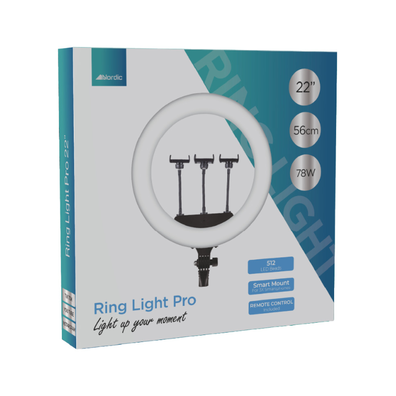 רינג לייט Nordic NR5600 56 ס"מ – תאורה מקצועית עם 512 נורות LED, חצובה מתכווננת ושליטה מלאה על האור