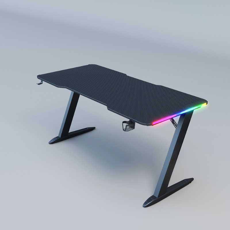 שולחן גיימינג Nordic Zero Lag RGB – גימור קרבון, תאורת RGB, מתלה לאוזניות וכוס, חיבור USB מובנה