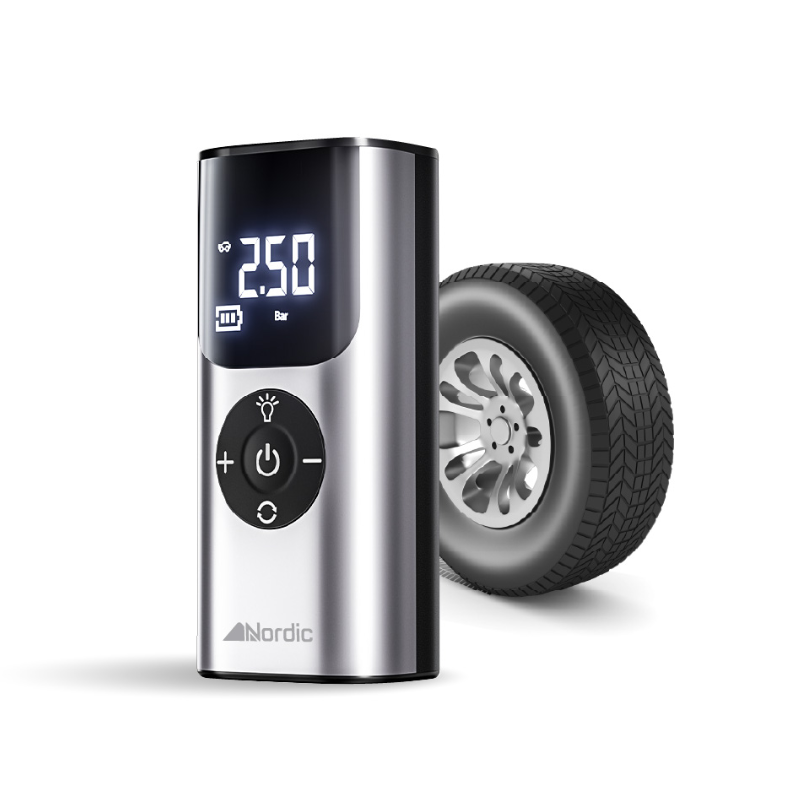 משאבה לניפוח צמיגים Nordic BT2000 עם סוללת גיבוי 4000mAh, ניפוח עד 150 PSI, צג דיגיטלי וטעינה Type-C/USB לכל רכב, אופנוע ואופניים