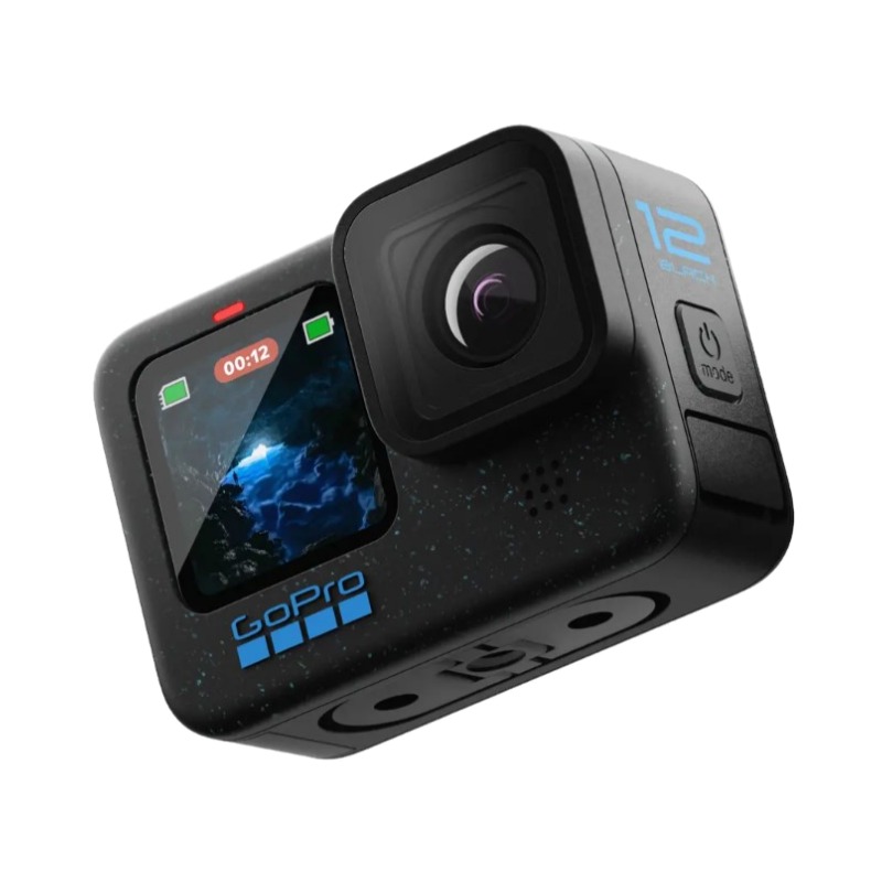 מצלמת אקסטרים GoPro HERO12 Black במבט חזיתי המציג את המסך הקדמי והעדשה ההידרופובית