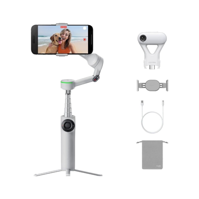 מייצב צילום Insta360 Flow 2 Pro פתוח עם תפס הטלפון המגנטי ומצלמת מעקב ה-AI