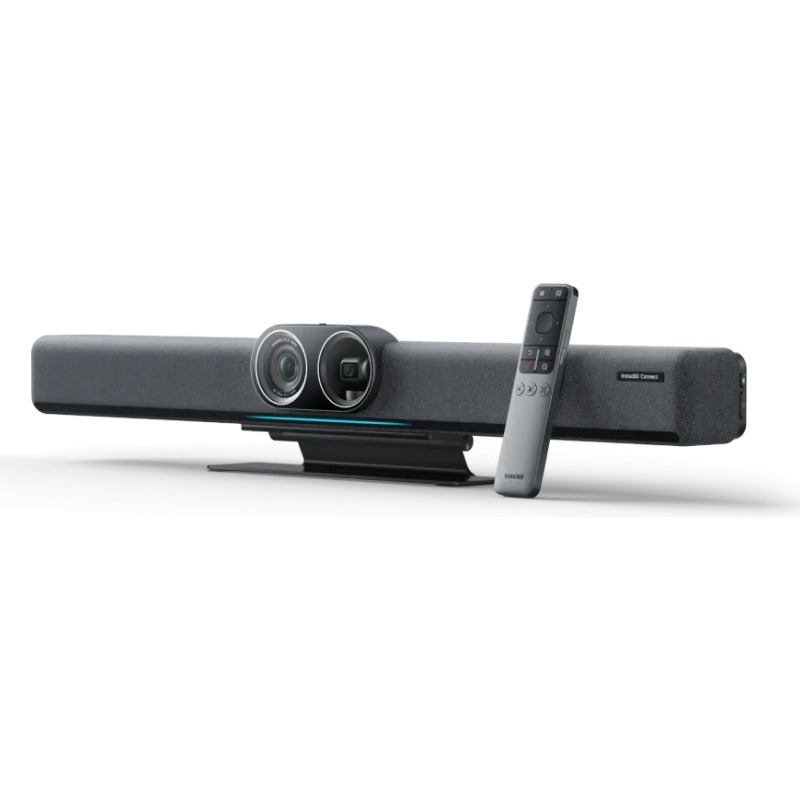 מערכת שיחות ועידה חכמה Insta360 Connect מונחת על גבי שולחן ישיבות ארגוני