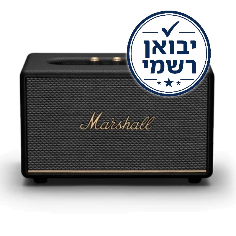 רמקול ביתי Marshall Acton III בעיצוב וינטג' שחור יוקרתי עם חתימת הסקריפט המוזהבת של מרשל בחזית