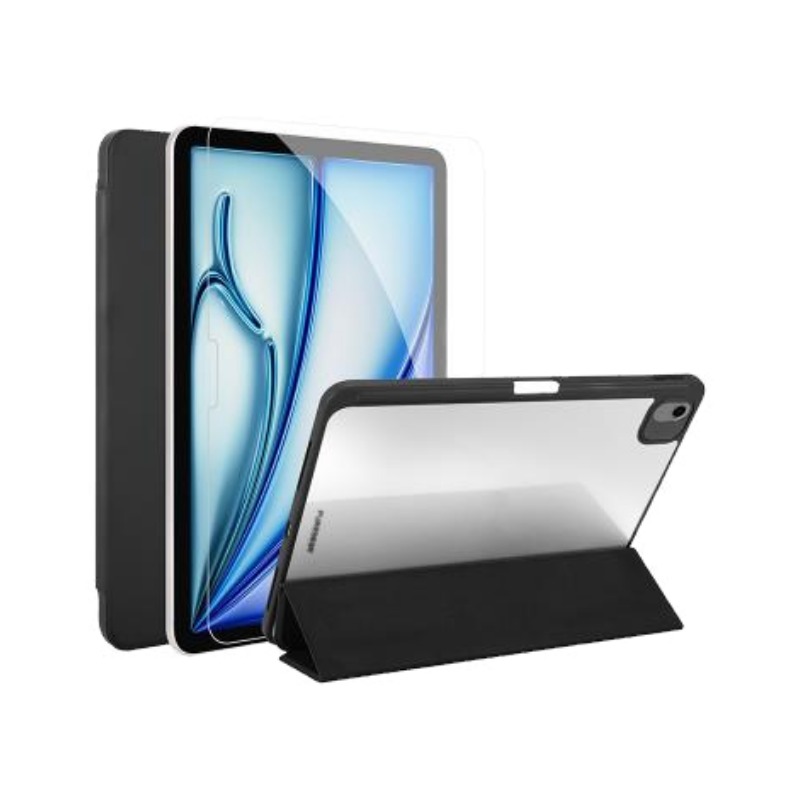 כיסוי PureGear Folio Cover בצבע שחור אופנתי מורכב על iPad Air 11 אינץ' (M3/M2/5th) במצב מעמד פתוח