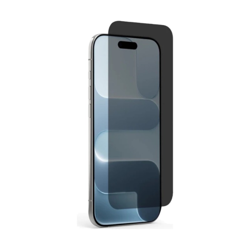 הדגמת מנגנון שומר הפרטיות של PureGear Privacy Glass על גבי iPhone Air (מסך מוחשך מהצד)