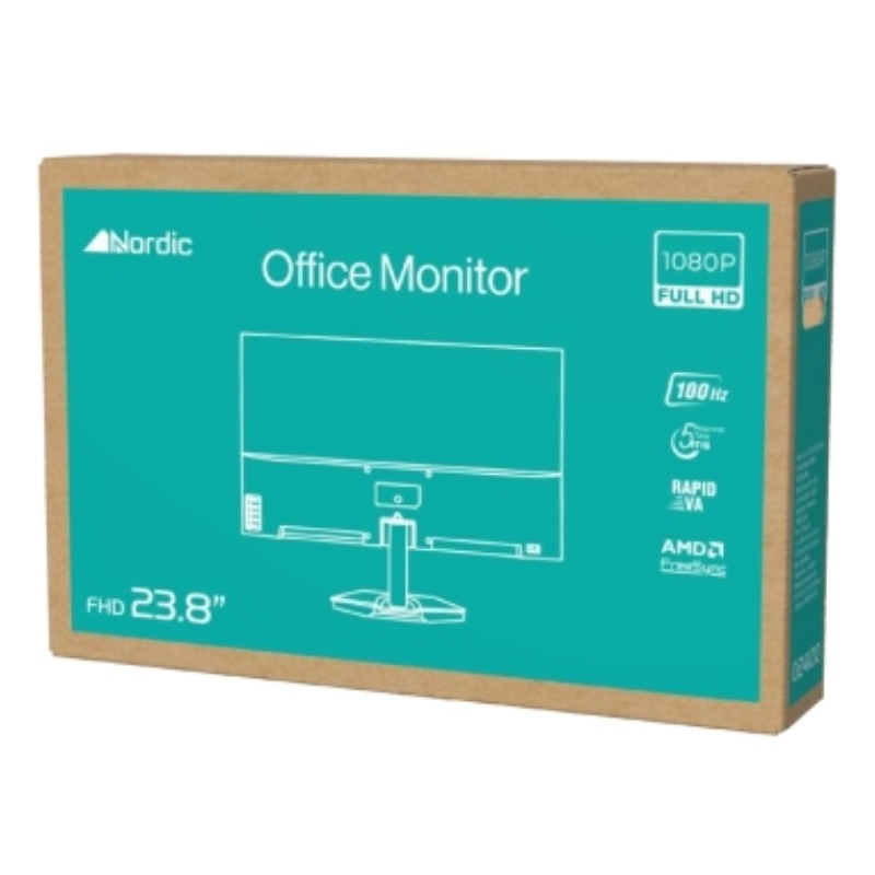 תקריב על מאפייני מסך Nordic 23.8" המציג תמיכה ב-100Hz, פאנל Rapid VA ו-AMD FreeSync