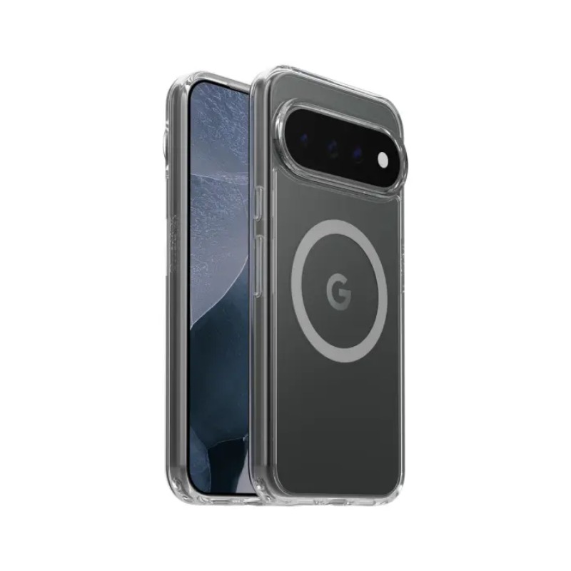 מכשיר Google Pixel 11 Pro XL עטוף בכיסוי OtterBox Lumen לצד מטען מגנטי אלחוטי