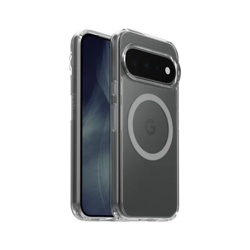 מכשיר Google Pixel 11 Pro עטוף בכיסוי OtterBox Lumen לצד מטען מגנטי אלחוטי